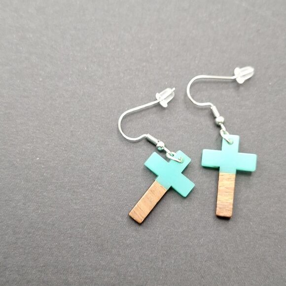 Turquoise and Wood Cross Earrings - Picture 4 of 5